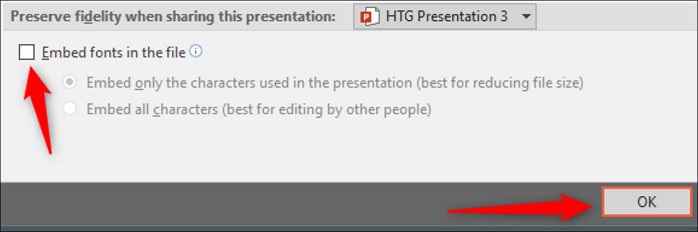 Embed fonts in the file